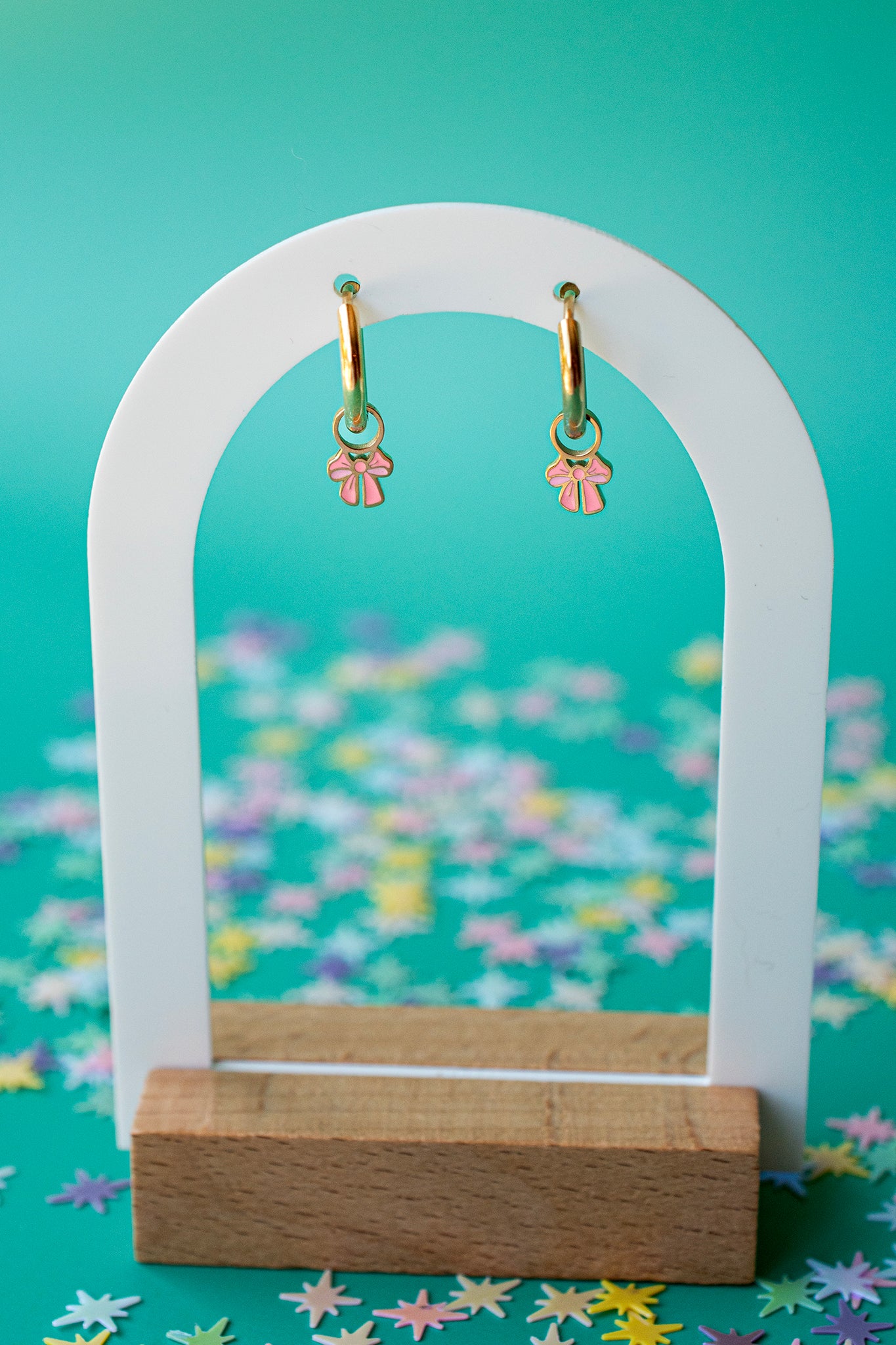 Earrings Hoop Charm - Pink Bow