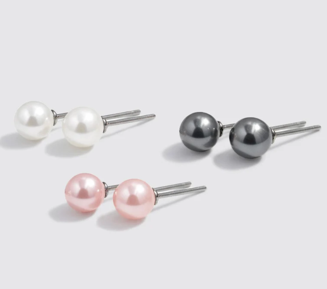 Set of 3 Stud Earrings with White, Pink & Black Pearls