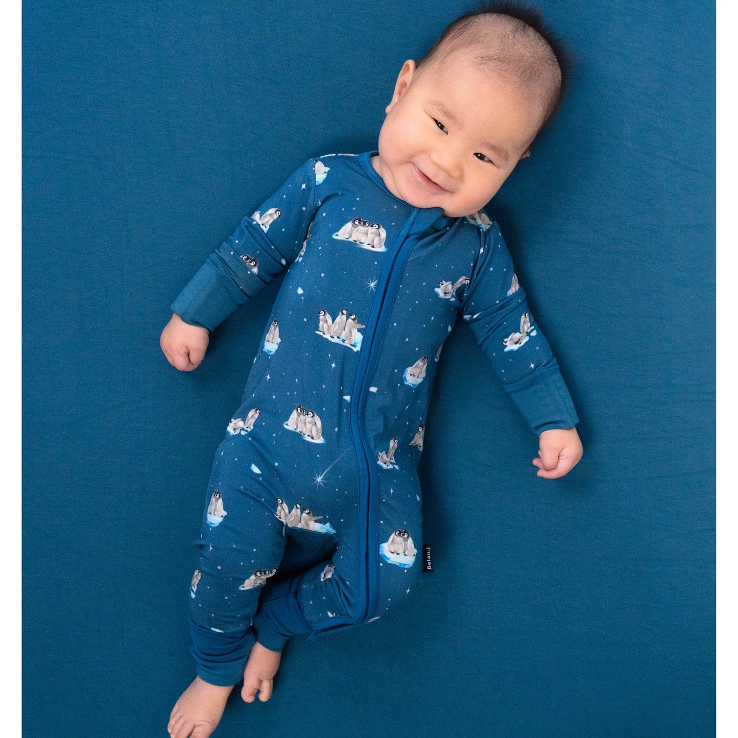 Footless Sleeper with Fold-Over Cuffs - Penguins (Night Sky)