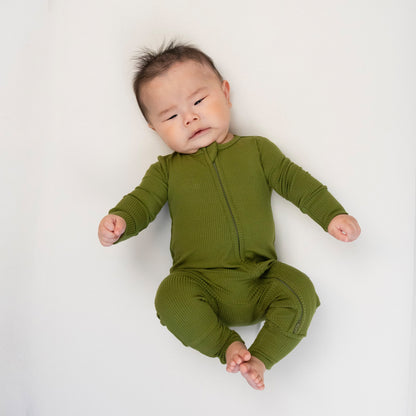 Ribbed Bamboo Footless Sleeper with Fold-Over Cuffs - Olive Green