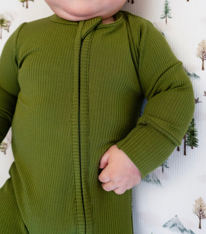 Ribbed Bamboo Footless Sleeper with Fold-Over Cuffs - Olive Green