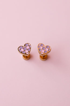 Earrings - Purple Checkered Heart Stud
