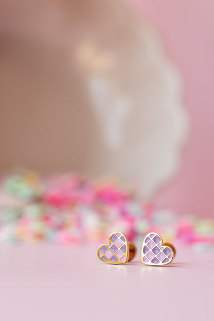 Earrings - Purple Checkered Heart Stud