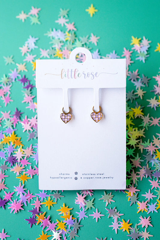 Earrings Hoop Charm - Purple Checkered Heart