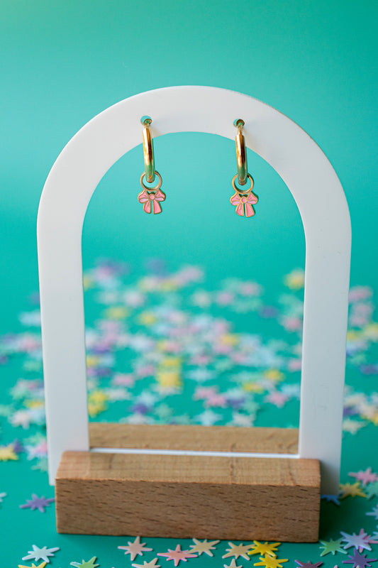 Earrings Hoop Charm - Pink Bow
