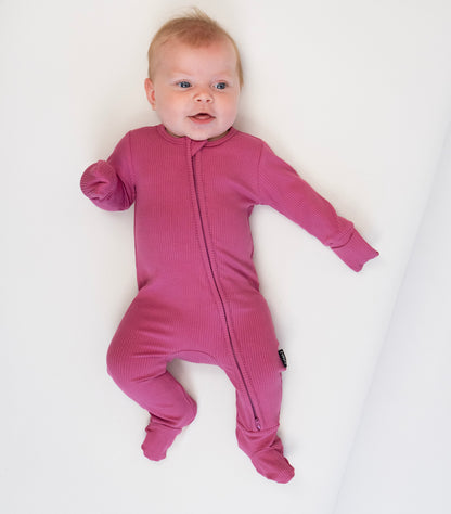 Ribbed Bamboo Footed Zipper Sleeper - Rose Wood
