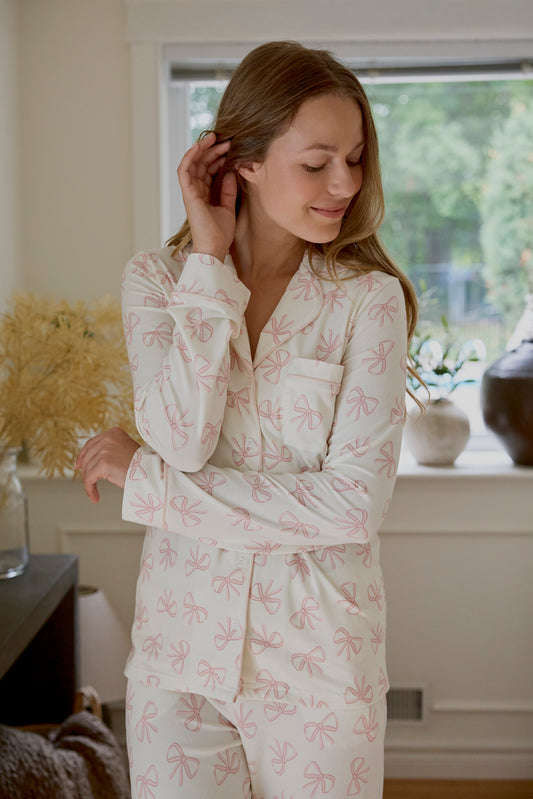 Women's 2 Piece Long Sleeve PJ Set - Pink Bows