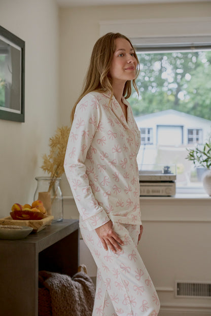 Women's 2 Piece Long Sleeve PJ Set - Pink Bows