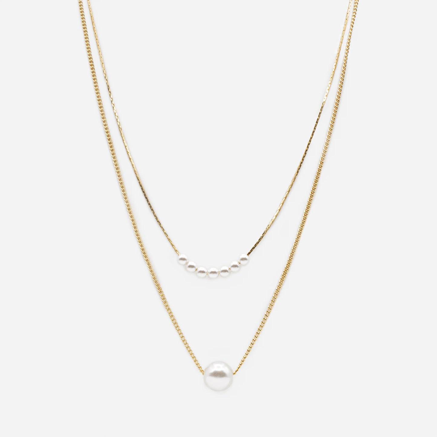 Two size round synthetic pearl double golden chain necklace