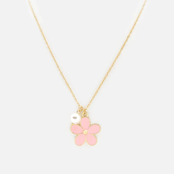 Pink Flower & Pearl Golden Necklace