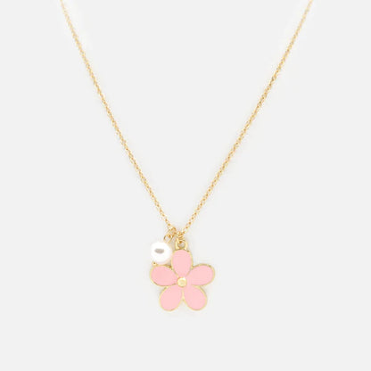 Pink Flower & Pearl Golden Necklace