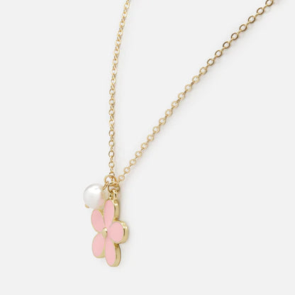 Pink Flower & Pearl Golden Necklace