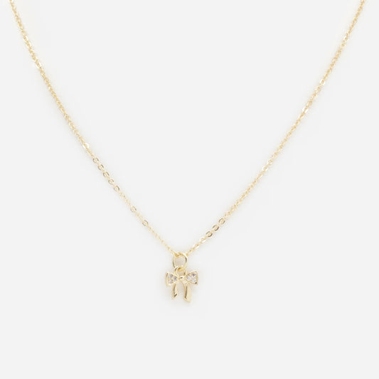 Small bow charm golden necklace with cubic zirconia