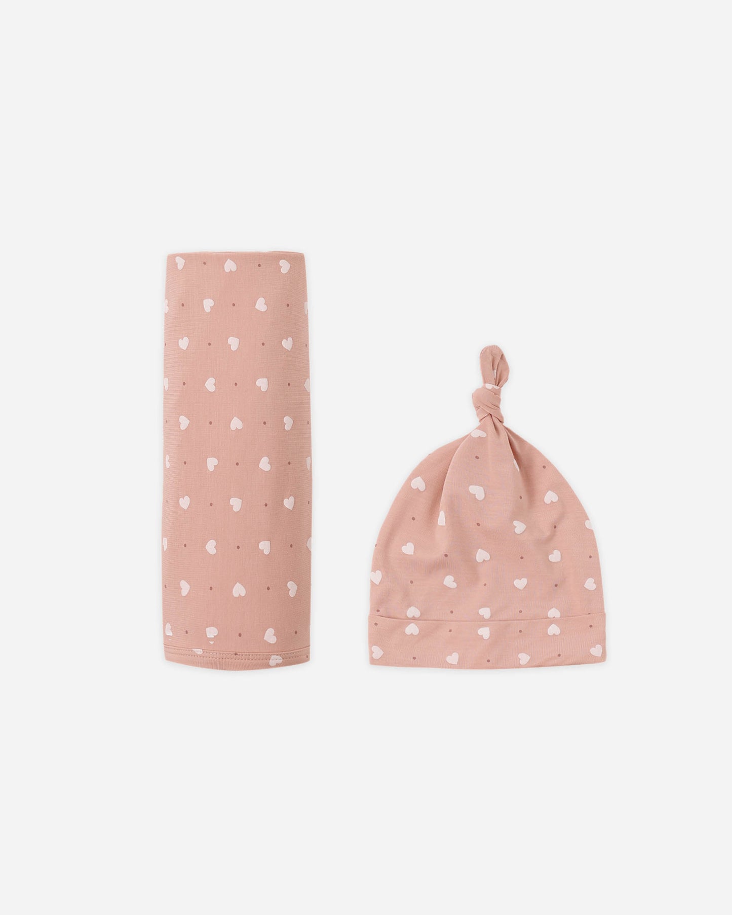 Bamboo Swaddle + Knotted Hat Set - Pink Hearts