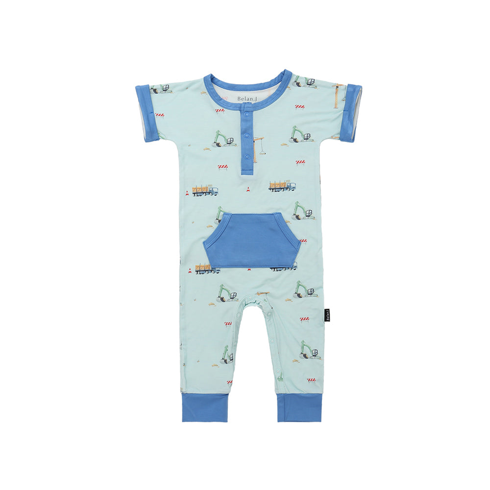 Short Sleeve Pocket Romper - Construction with Lake Blue