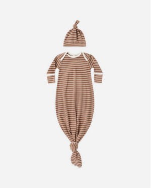 Knotted Baby Gown + Hat Set - Cedar Micro Stripe