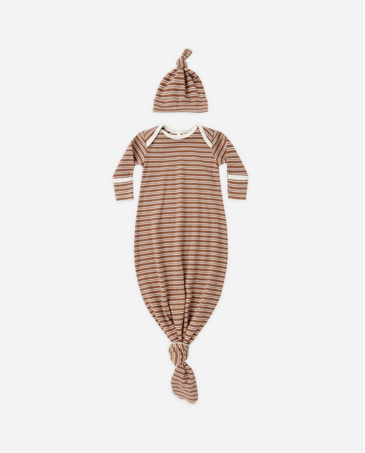 Knotted Baby Gown + Hat Set - Cedar Micro Stripe