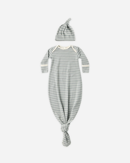 Knotted Baby Gown + Hat Set - Steel Blue