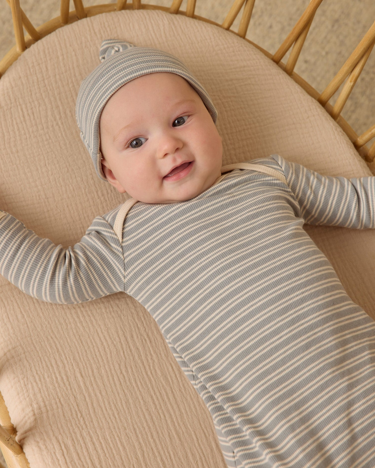 Knotted Baby Gown + Hat Set - Steel Blue