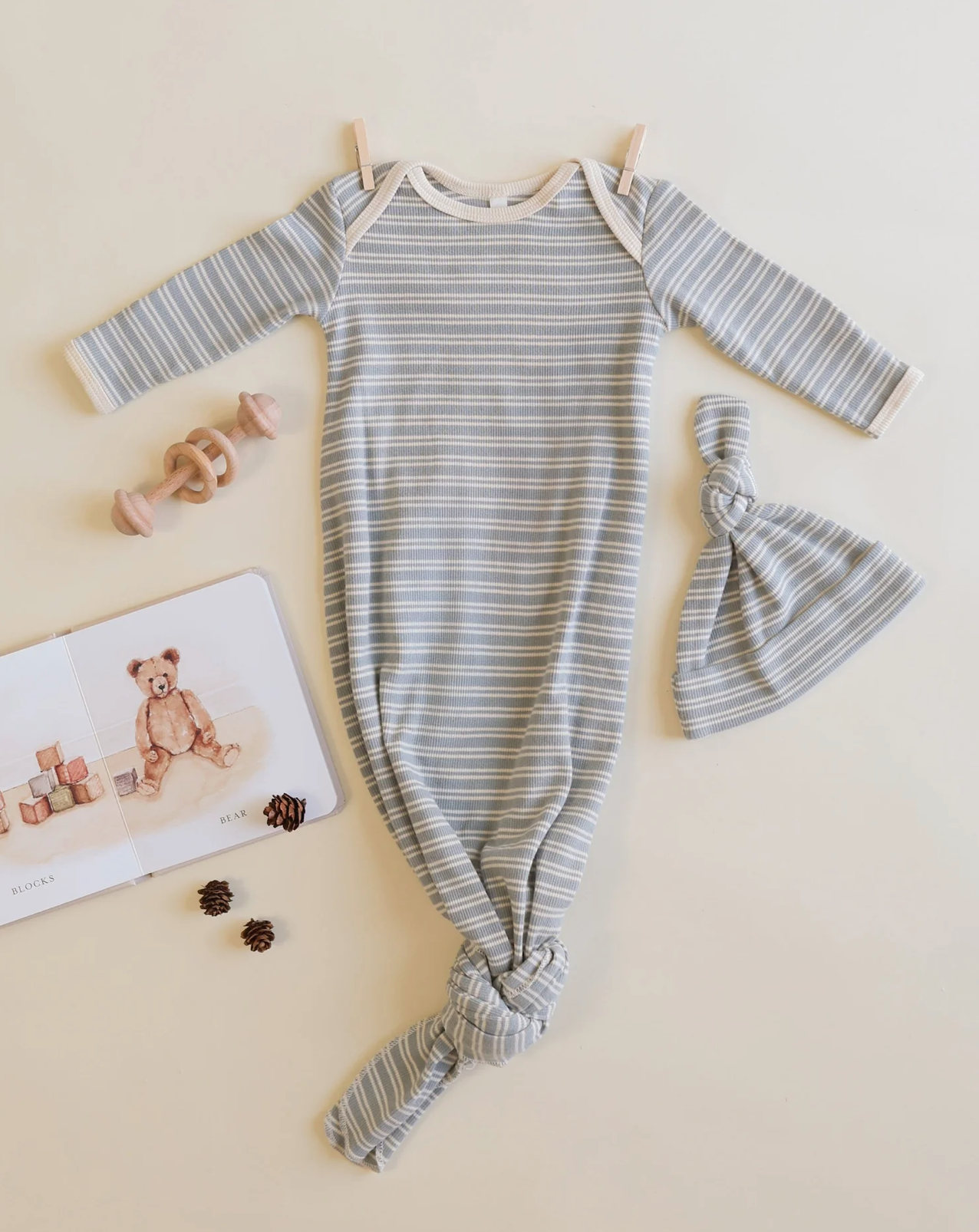 Knotted Baby Gown + Hat Set - Steel Blue