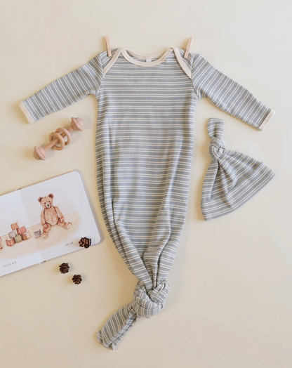 Knotted Baby Gown + Hat Set - Steel Blue