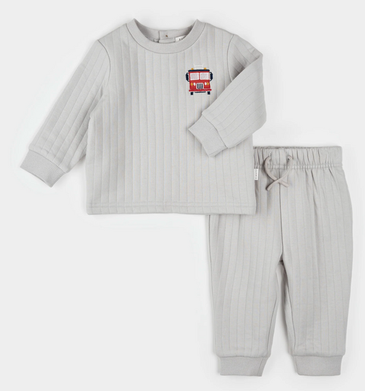 Fire Truck Print on Grey Quilted Jersey Set