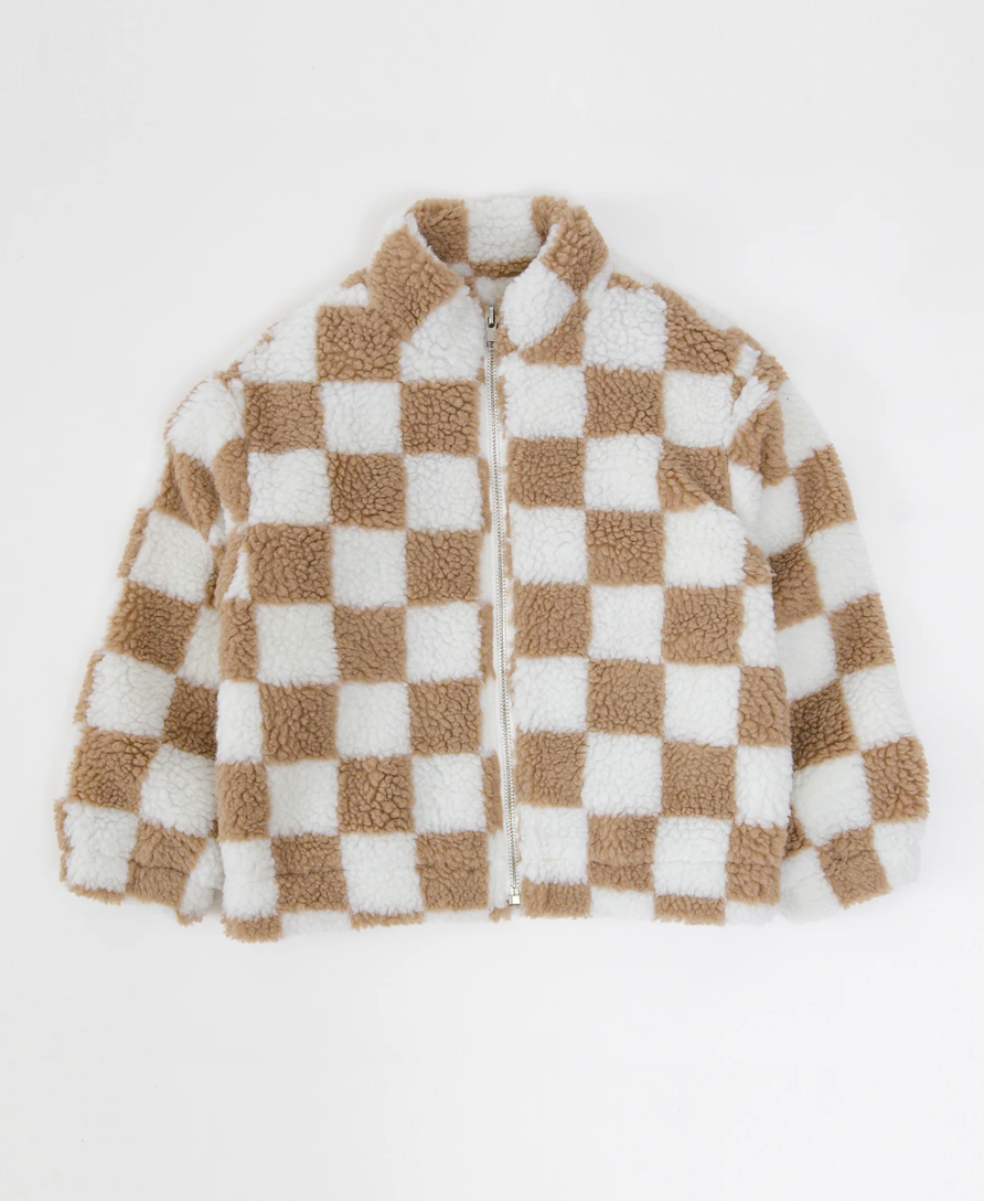 Checkerboard Sherpa Jacket - Fawn/Cream