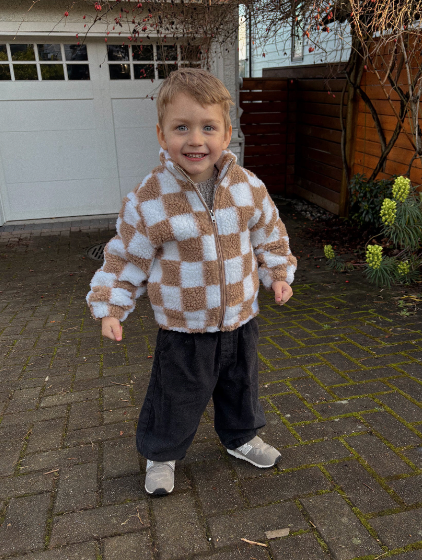 Checkerboard Sherpa Jacket - Fawn/Cream