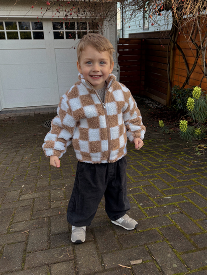 Checkerboard Sherpa Jacket - Fawn/Cream