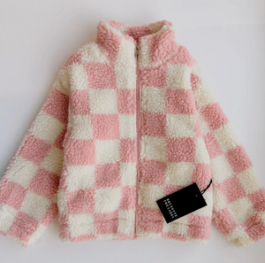 Checkerboard Sherpa Jacket - Pink/White