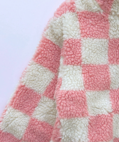 Checkerboard Sherpa Jacket - Pink/White