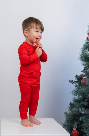Long Sleeve Pocket Romper - Santa Red