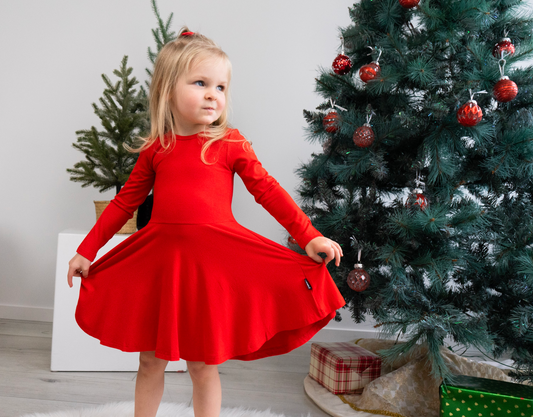 Long Sleeve Twirl Dress - Santa Red