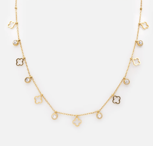 Flower Charms Golden necklace in stainless steel with Cubic Zirconia