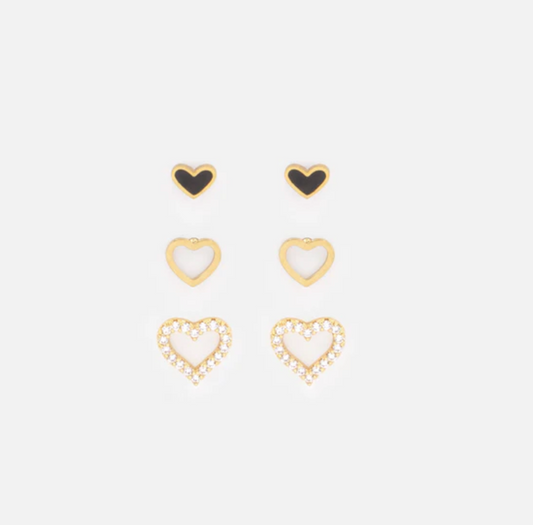 Trio of black and gold heart earrings in stainless steel