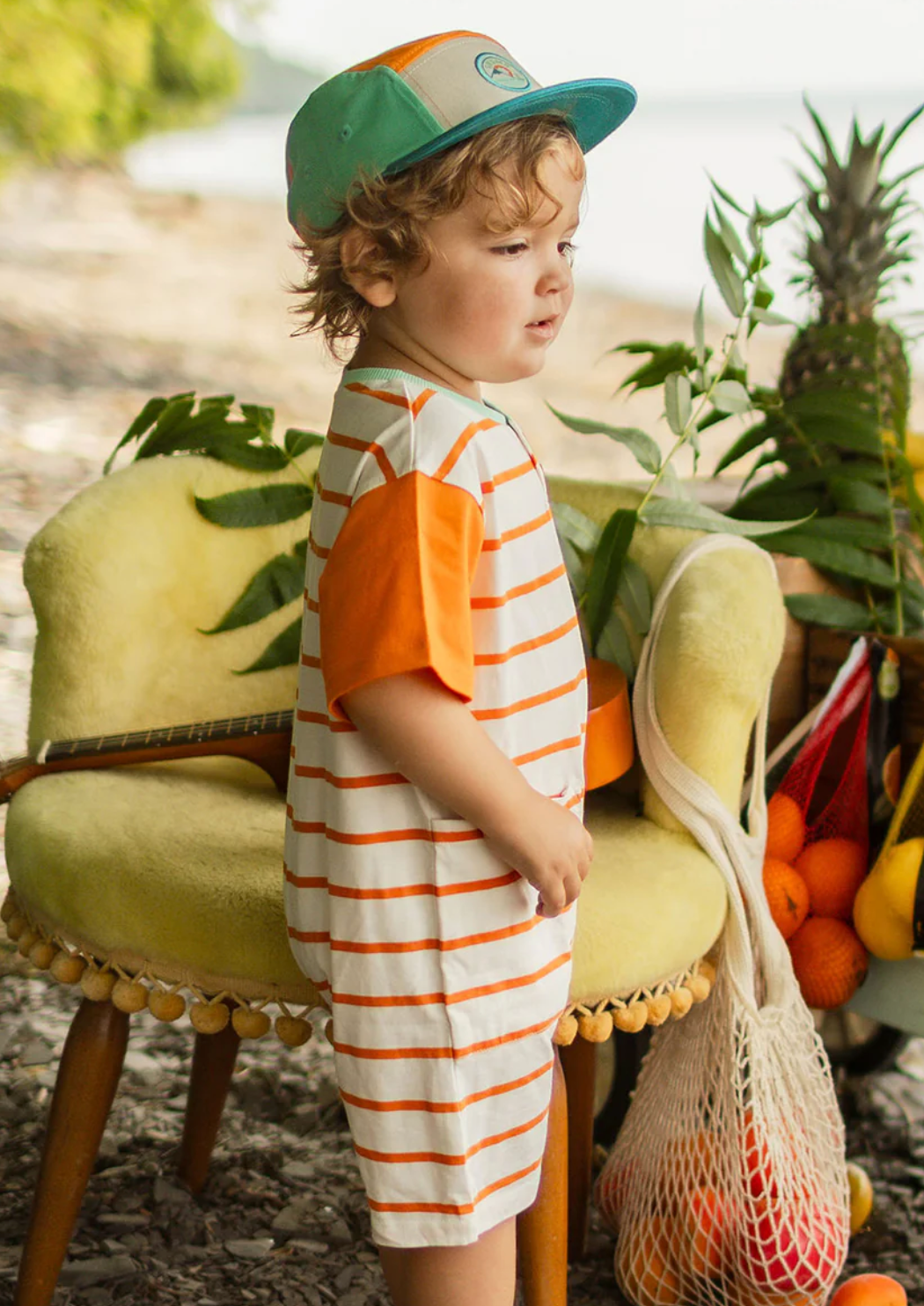 Cream Romper with Orange Stripes
