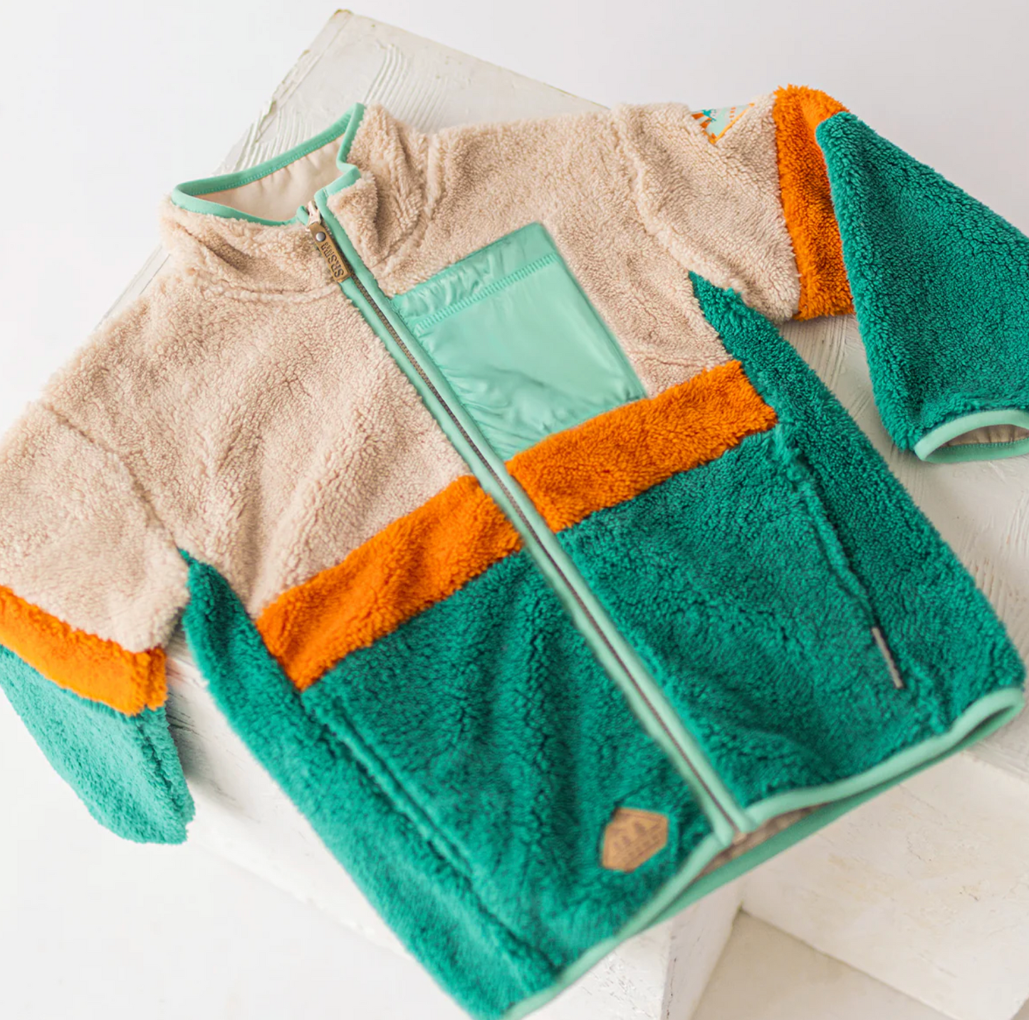Child Colourblock Plush Jacket - Turquoise