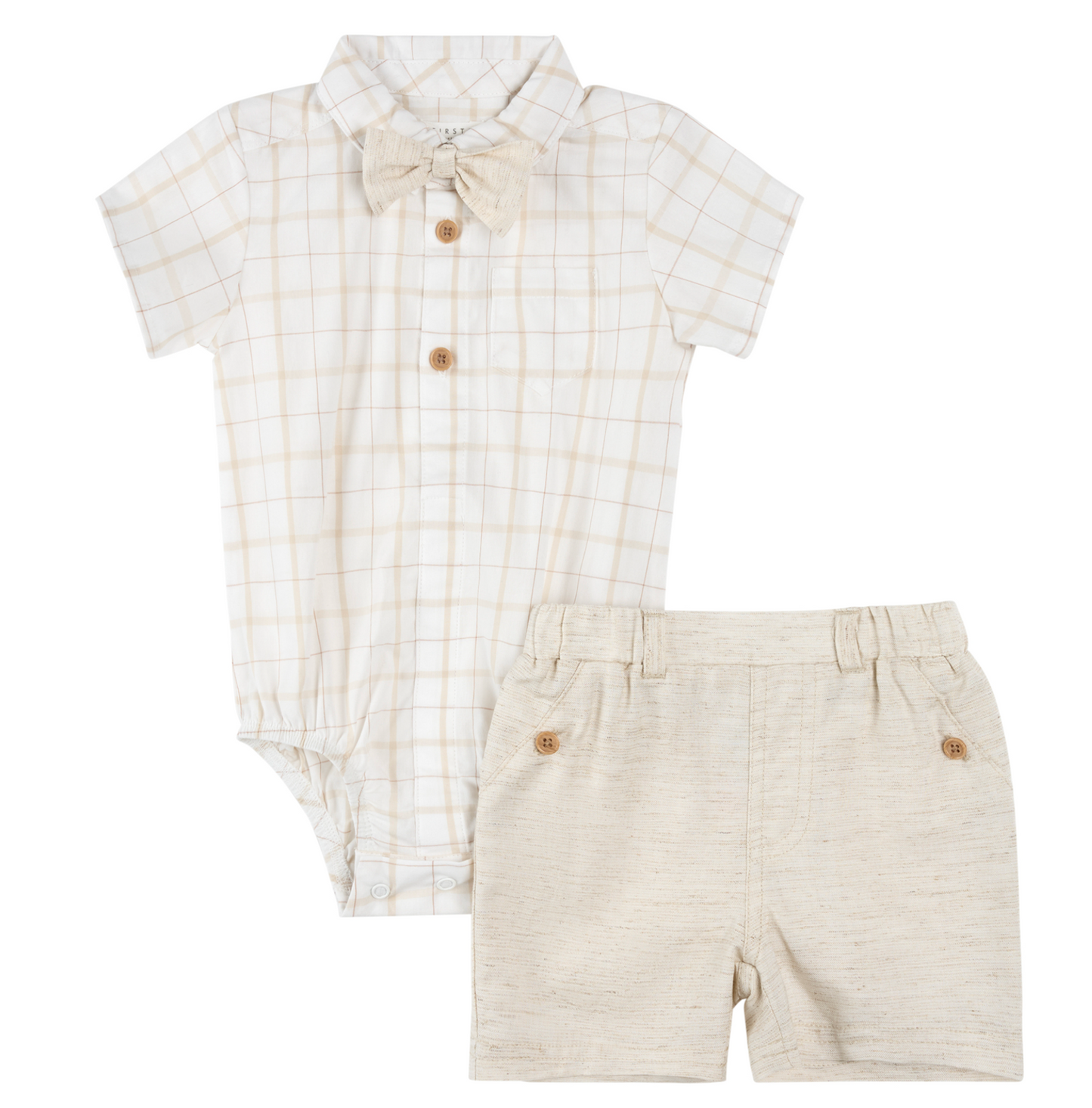 3PC Button Up Bodysuit, Shorts and Bowtie Set