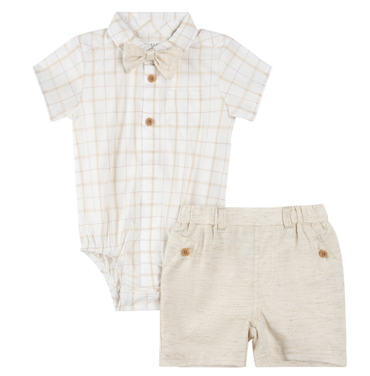 3PC Button Up Bodysuit, Shorts and Bowtie Set