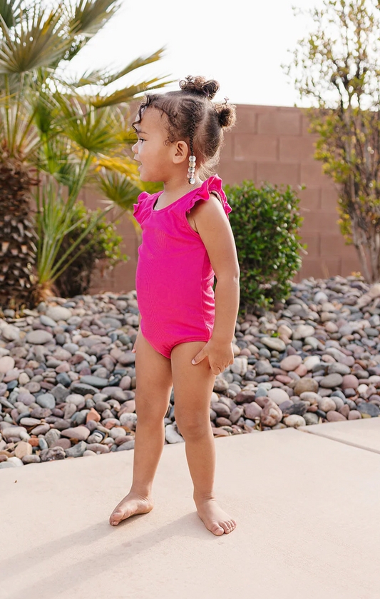 Ruffle Shoulder One Piece Ribbed - Hot Pink