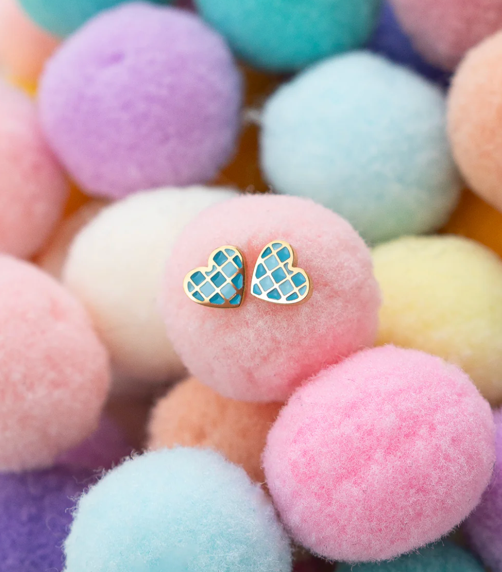 Earrings - Checkered Blue Heart Studs