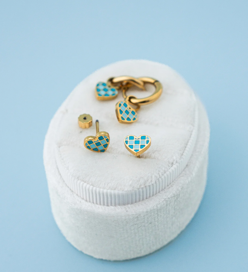 Earrings - Checkered Blue Heart Studs