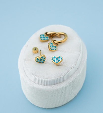 Earrings - Checkered Blue Heart Studs