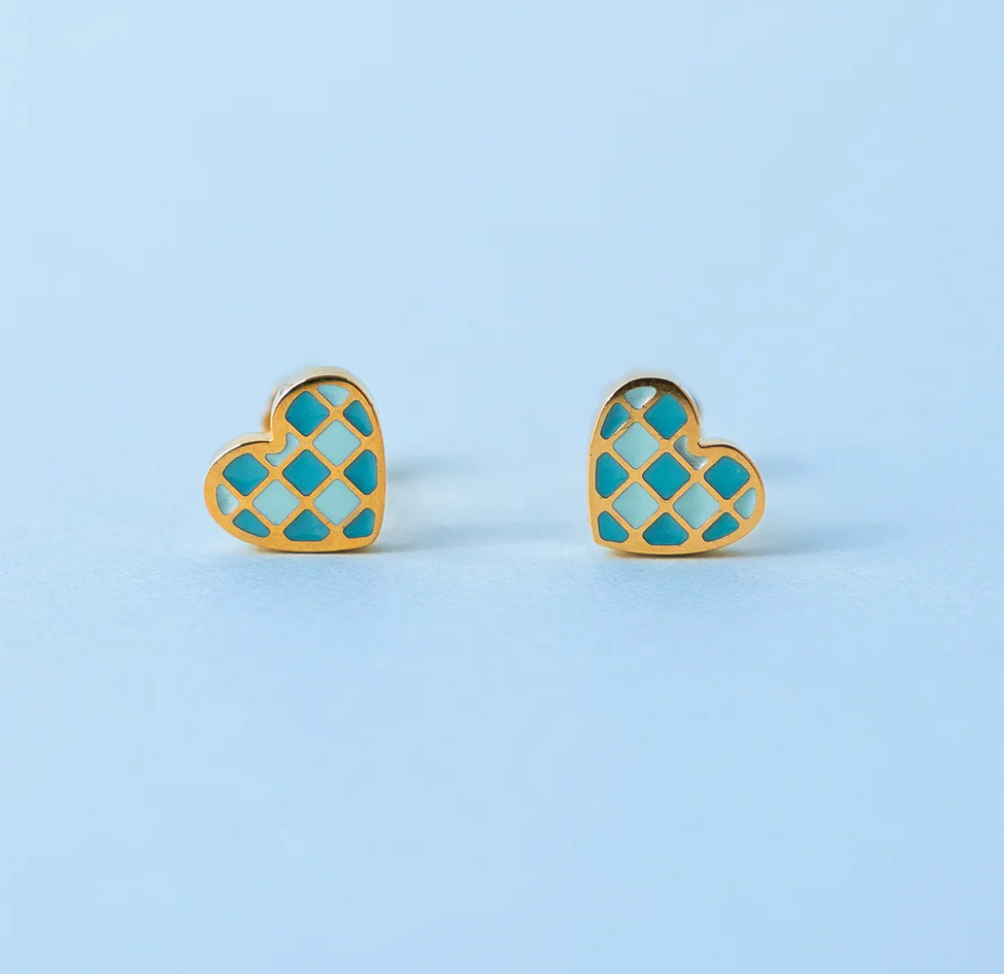 Earrings - Checkered Blue Heart Studs