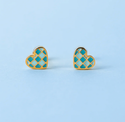 Earrings - Checkered Blue Heart Studs