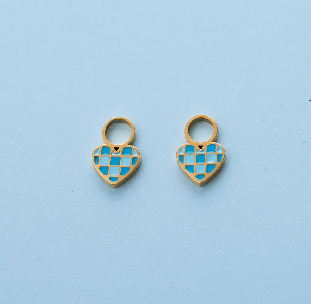 Earrings Hoop Charm - Checkered Blue Heart