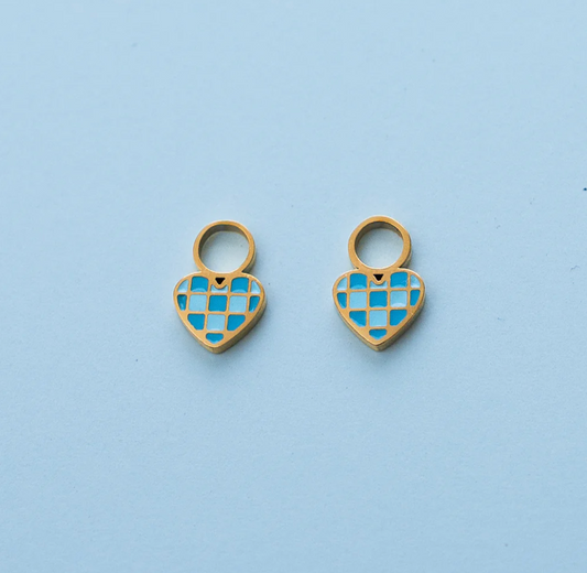 Earrings Hoop Charm - Checkered Blue Heart