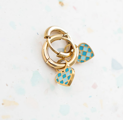 Earrings Hoop Charm - Checkered Blue Heart