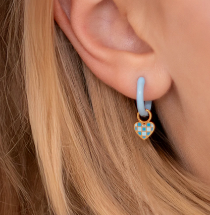 Earrings Hoop Charm - Checkered Blue Heart
