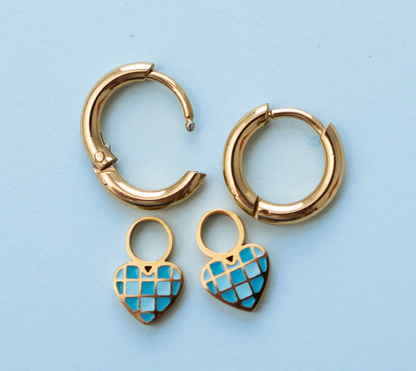 Earrings Hoop Charm - Checkered Blue Heart